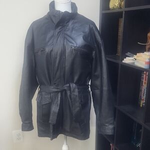 Vtg PAULYANG Black Leather Faux Fur Lined Multi-Pocket Belted Leather Jacket